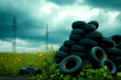 © FTN-STUDIO - A pile of discarded tires sits in a grassy field under a cloudy sky, with power lines in the background, highlighting environmental concerns and waste management.