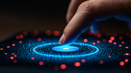 Wall Mural - digital touch: a finger gently touches a glowing circular interface on a dark touchscreen, activatin