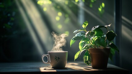 Wall Mural - Steaming cup of tea beside a potted plant in sunlight.