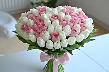 A delicate heart-shaped bouquet composed of roses and tulips, elegantly tied with a soft pink silk ribbon, symbolizing romance and affection.