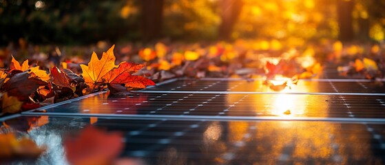 Autumn leaves on solar panel at sunset. (2)