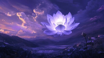 Wall Mural - Glowing lotus flower above serene mountain landscape at sunset.