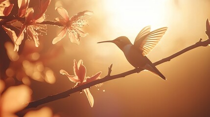 a hummingbird with its wings in motion, perched on a branch in the morning light.