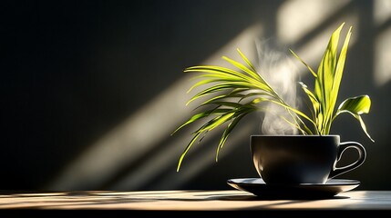 Wall Mural - Steaming cup of tea with plant, sunlight.