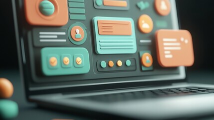 3d interface elements on laptop screen.