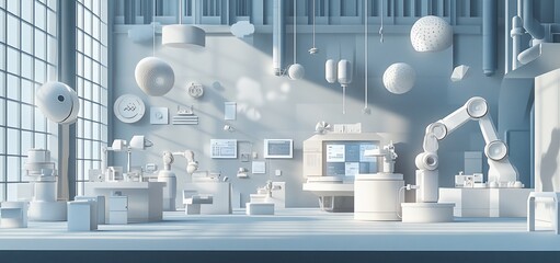 Sunlit minimalist robotic workshop with various equipment and gadgets.