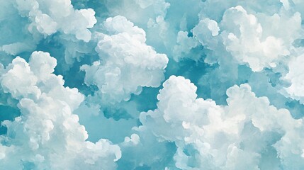 Wall Mural - soft, fluffy white clouds on a teal sky.