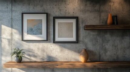 Wall Mural - A modern interior scene featuring framed artwork on a concrete wall, a wooden shelf with a plant and vase, illuminated by natural light.