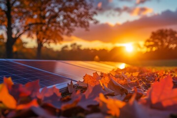 Solar panels in autumn leaves at sunset. (2)