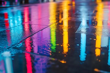 Wall Mural - Vibrant city lights reflected on a wet pavement at night. (1)