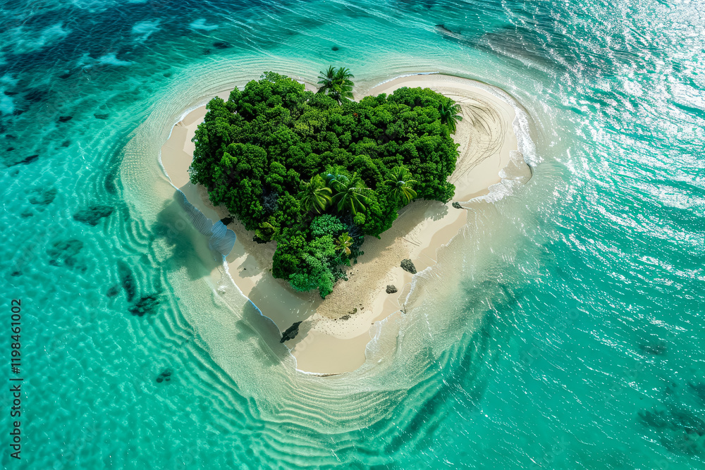 Small island with a heart shaped island in the middle of the ocean. The ...