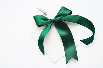 Emerald green satin ribbon bow tied on blank white gift tag.