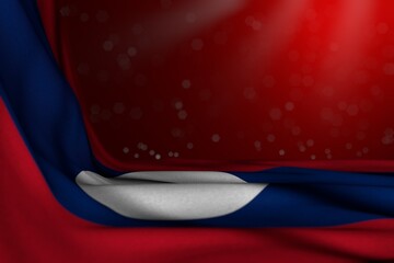 Wall Mural - nice dark photo of Lao People Democratic Republic flag lying diagonal on red background with soft focus and empty place for your text - any occasion flag 3d illustration..