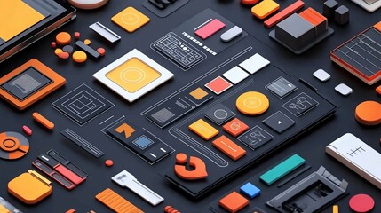 Colorful 3D rendered UI elements and interface design components on dark background.