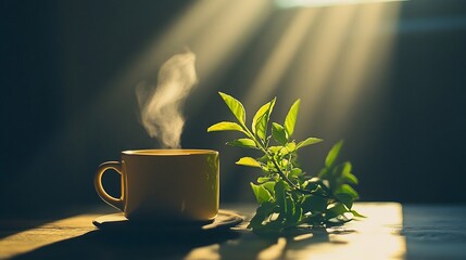 Wall Mural - Steaming cup of tea with tea leaves in sunlight.