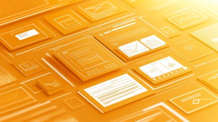 Abstract orange background with various website layouts and interface elements.