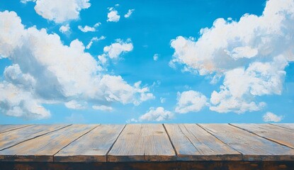 Wall Mural - rustic wooden table against a vibrant blue sky with fluffy clouds.