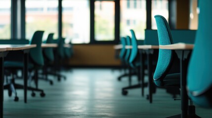 Wall Mural - Desks and ergonomic chairs occupy an open office layout, bathed in natural light, reflecting a tranquil midweek atmosphere without activity