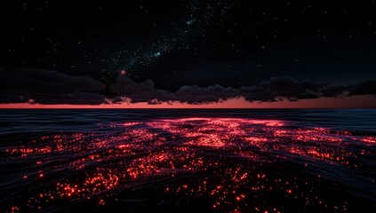 Canvas Print - Night ocean scene with red glowing lights under starry sky.