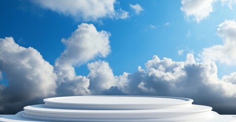 Wall Mural - white tiered platform against a bright blue sky with fluffy clouds.