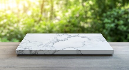 Wall Mural - white marble slab on wooden surface with blurred green background.