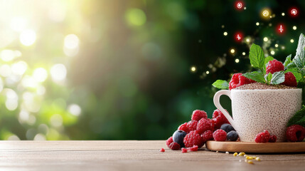 Poster - delightful cup of coffee topped with fresh raspberries and mint leaves, surrounded by more berries on wooden table, set against blurred green background