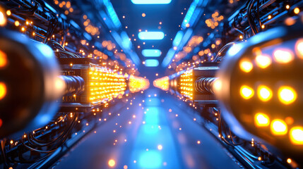 Poster - futuristic view of glowing cables and lights in data center, showcasing technology and innovation. vibrant colors and intricate details create captivating atmosphere