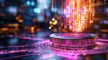 Leinwandbilder - vibrant digital display featuring colorful data streams emanating from circular platform, symbolizing technology and innovation