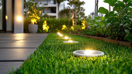 Fototapete - beautifully lit rooftop garden with glowing pathway lights, surrounded by lush greenery and modern landscaping, creating serene outdoor atmosphere