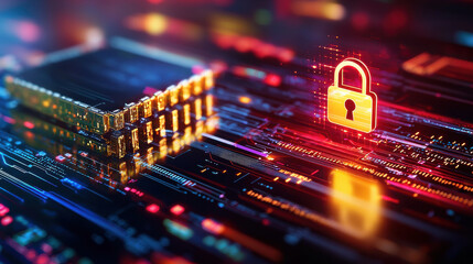 Fototapete - secure cloud server with glowing circuits and lock symbol, representing cybersecurity and data protection. vibrant colors enhance technological theme