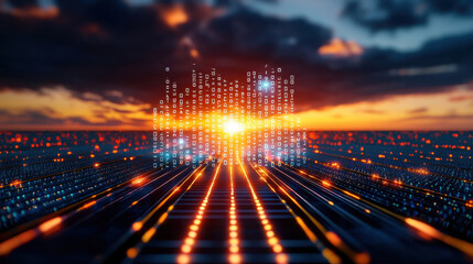Aufkleber - stunning digital landscape featuring sunset with binary code, symbolizing technology and data. vibrant colors create futuristic atmosphere, evoking innovation and progress