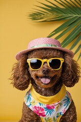 Wall Mural - smiling brown toy poodle dog wears hat with summer day traveling yellow back ground