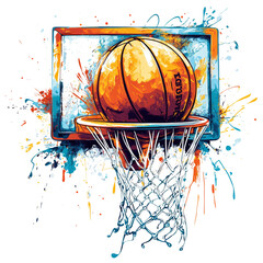 Wall Mural - a stylized illustration depicts a basketball entering a net with vibrant paint splashes surrounding 