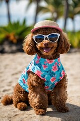 Wall Mural - smiling brown toy poodle dog wears hat with summer day traveling