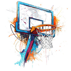 Wall Mural - a stylized abstract painting of a basketball hoop with vibrant colors and paint splatters.