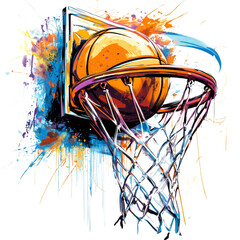 Wall Mural - an abstract painting depicts a basketball going through a net with vibrant color splashes.