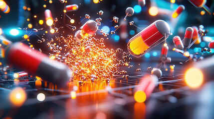 Fototapete - Cinematic close up of nanobots modifying genetic material with vibrant capsules and glowing particles, showcasing advanced technology in medicine and biotechnology