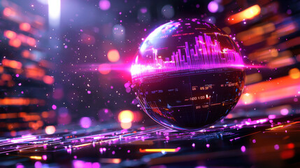 Aufkleber - vibrant, futuristic hologram globe with data visualizations and glowing particles, set against dynamic background of colorful lights