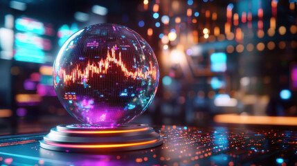 Fototapete - Futuristic hologram globe displaying data trends and analytics in vibrant setting. colorful lights and digital elements create dynamic atmosphere for technology enthusiasts