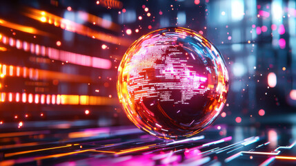Leinwandbilder - futuristic holographic globe displaying digital data and vibrant colors, representing technology and innovation in modern environment