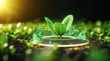 Poster - vibrant green plant emerges from rich soil, symbolizing growth and sustainability. background features digital elements, representing technology role in agriculture