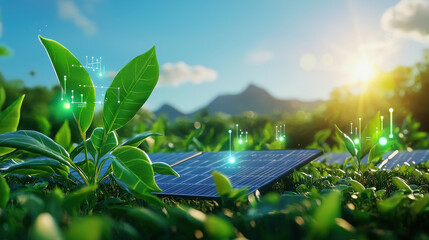 Aufkleber - vibrant solar farm integrated with lush green plants, showcasing renewable energy and nature harmony. sunlight enhances scene, symbolizing sustainable future