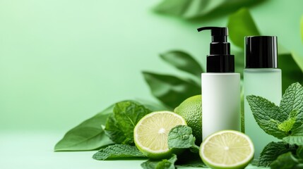 Wall Mural - fresh beauty: mint leaves and lime in natural cosmetics