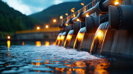 Aufkleber - Cinematic high resolution capture of flowing water from pipes, creating serene atmosphere with reflections and soft lighting. scene evokes tranquility and nature beauty