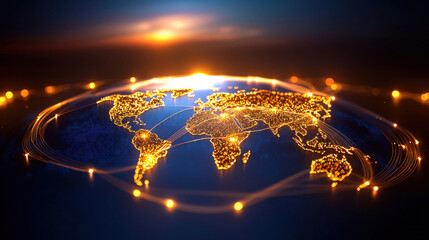 Poster - cinematic perspective of interconnected markets glowing across world, showcasing vibrant networks and data flow. This captures essence of global connectivity and technology