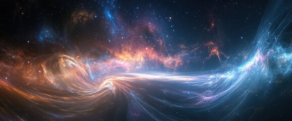 Wall Mural - Panoramic Cosmic Nebula with Swirling Light and Stars, High Resolution Abstract Space Background.