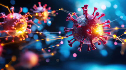Fototapete - Digital illustration of virus with glowing connections, representing global health challenges and scientific research