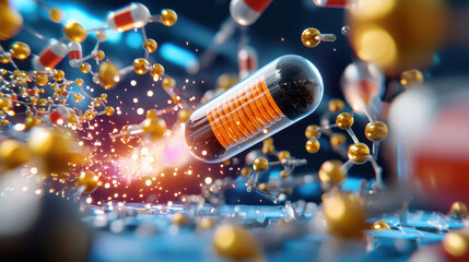 Aufkleber - cinematic shot of nanotechnology in action, showcasing tiny robotic elements interacting with molecules and particles, illustrating advanced scientific concepts