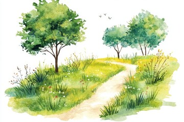 Wall Mural - winding path through lush green meadow with trees.