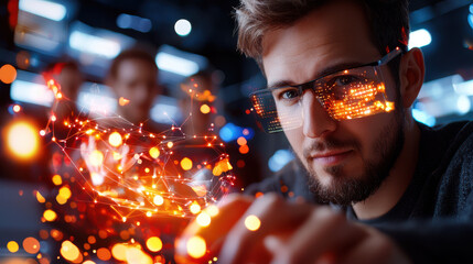 Aufkleber - Innovative startup founder using augmented reality glasses to visualize data. scene captures modern workspace filled with technology and creativity, showcasing future of business